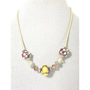 Lampwork Blown Glass Ball 18” Bead Necklace. Burgundy & Amber, W/ Silver Tone.